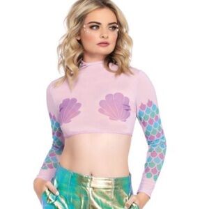NEW Leg Avenue MERMAID HIGH NECK LONG SLEEVED MESH CROP TOP Zipper Back Cute